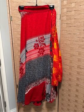 Red Floral & Striped Wrap Around Maxi Skirt